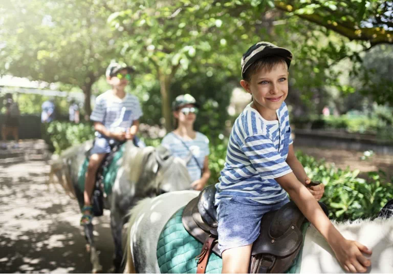 chłopczyk w bluzce w paski na koniu